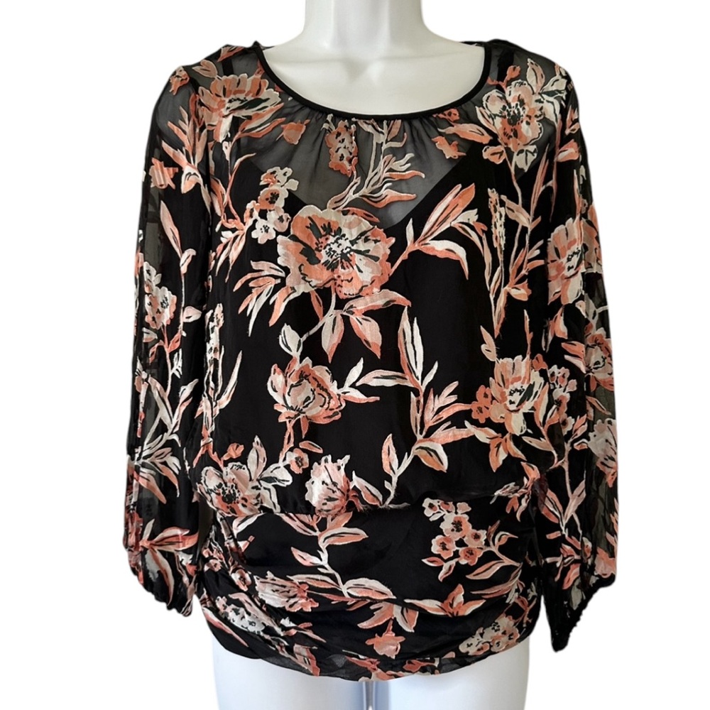 White House Black Market Black Burnout & Pink Silk Rayon Draped Blouse- Size 10